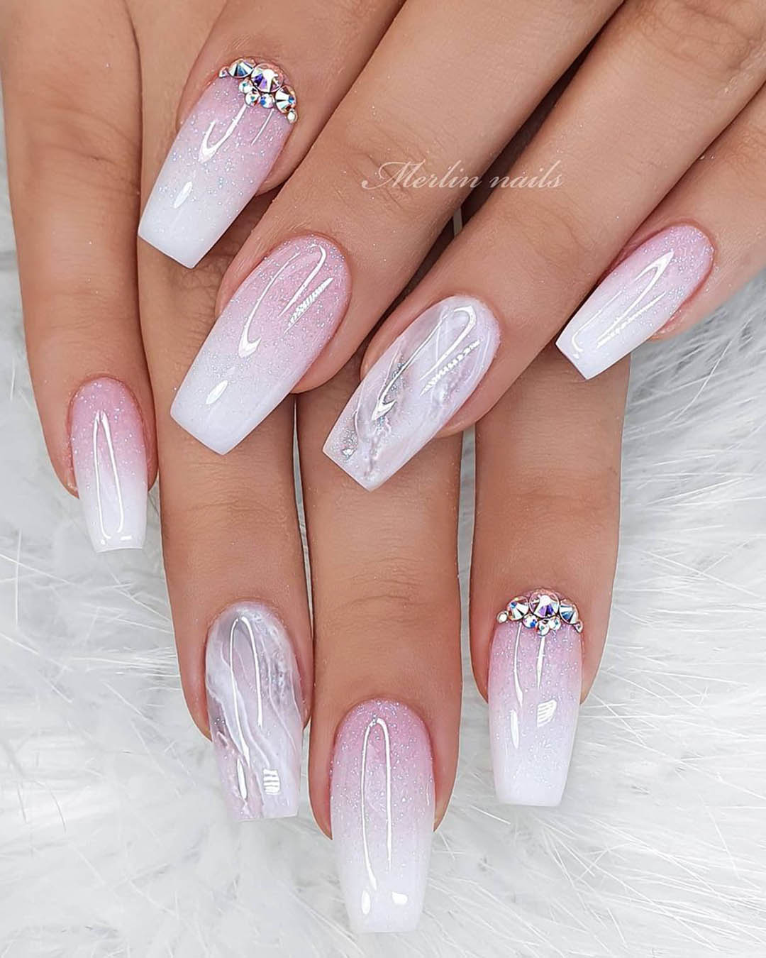 wedding nails with glitter nude pink ombre marble merlin_nails