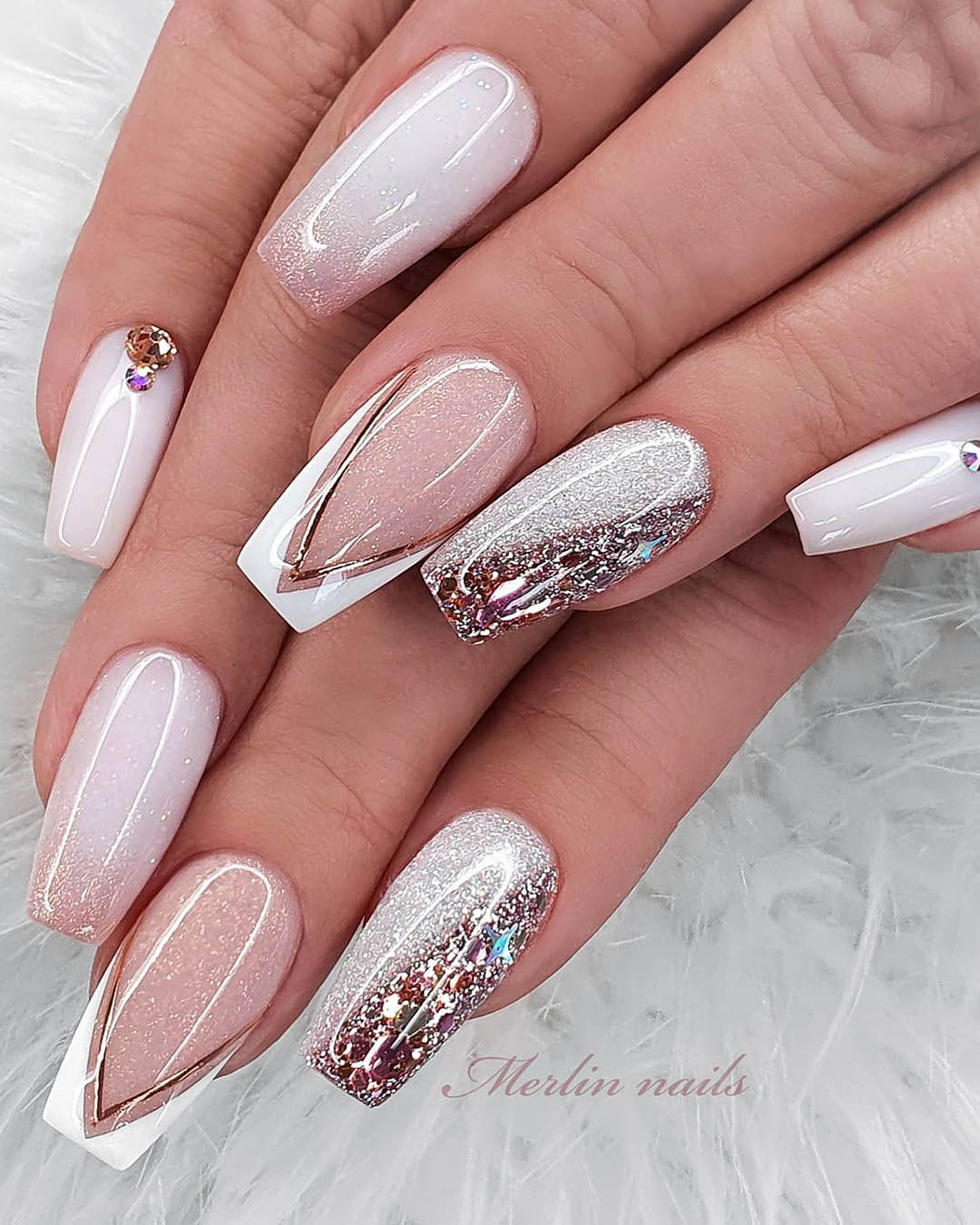 wedding nails with glitter pink gold french merlin_nails