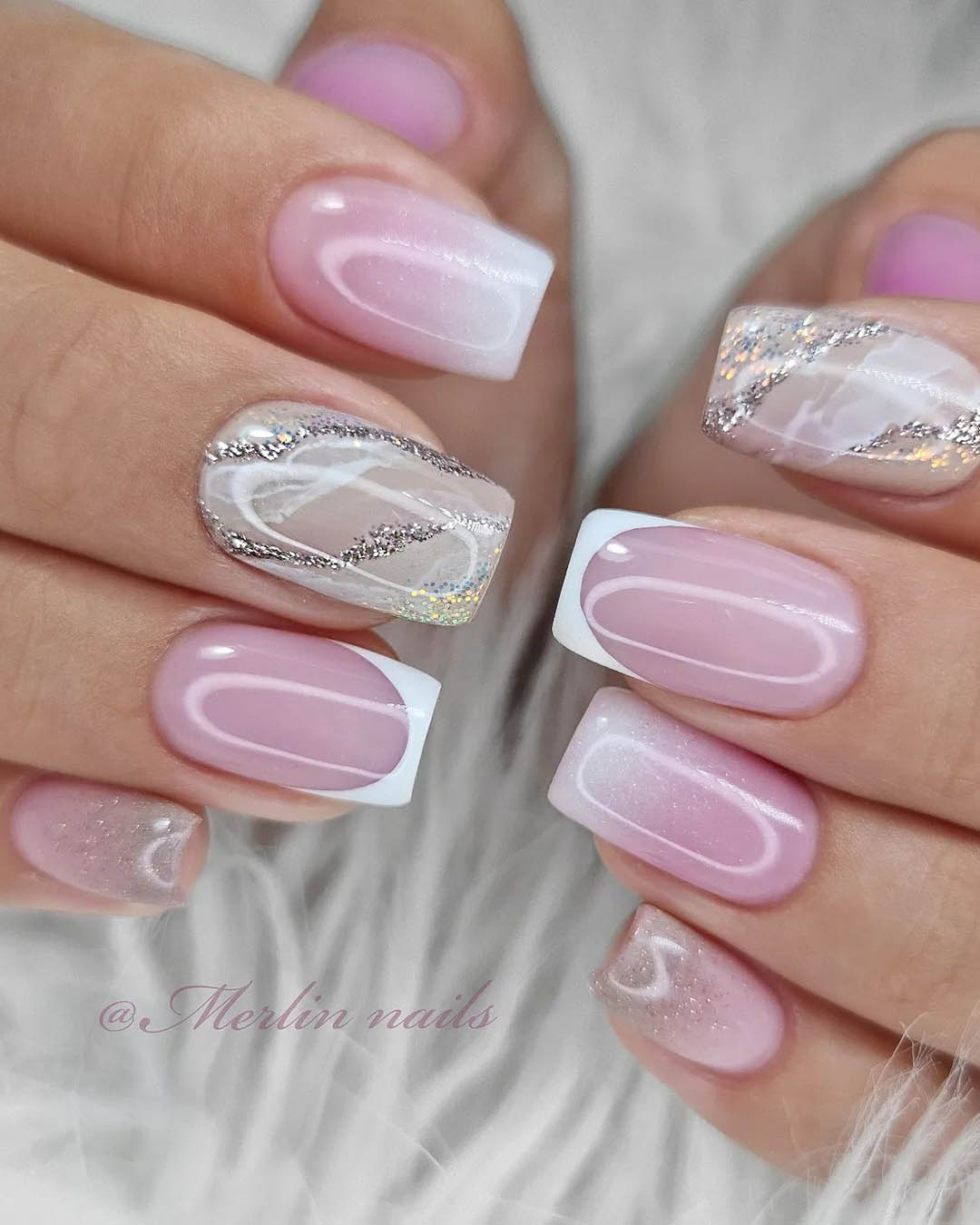 wedding nails with glitter pink marble and french merlin_nails