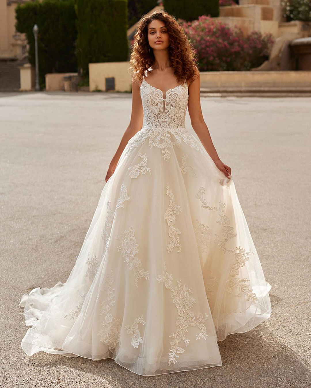 A Line Wedding Dress with Curve Lace Plunge Sleeves main image 0