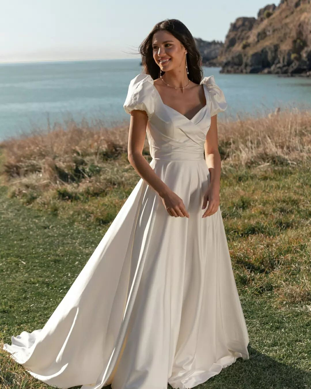 a line wedding dresses simple with puff sleeves madi lane