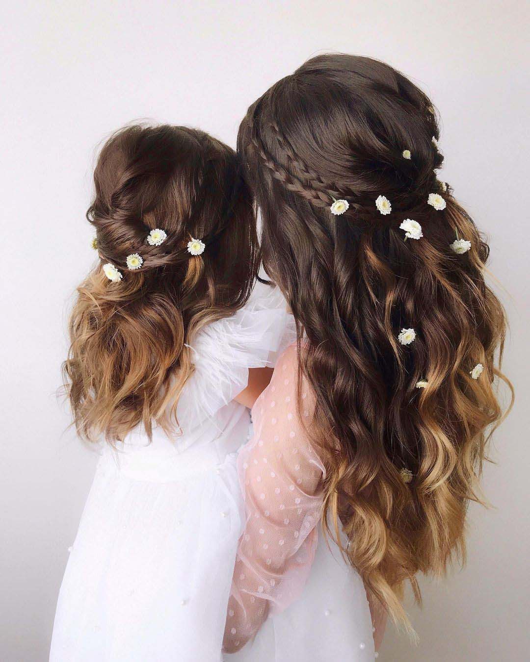 bridesmaid hairstyles half up half down with braids and flowers samoylenko_makeup