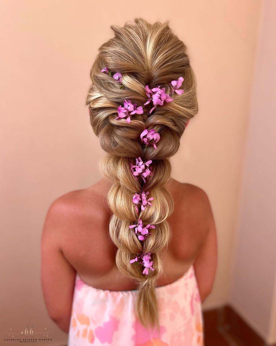 bridesmaid hairstyles mermaid braid with flowers for little girl cathrineheierenhansen