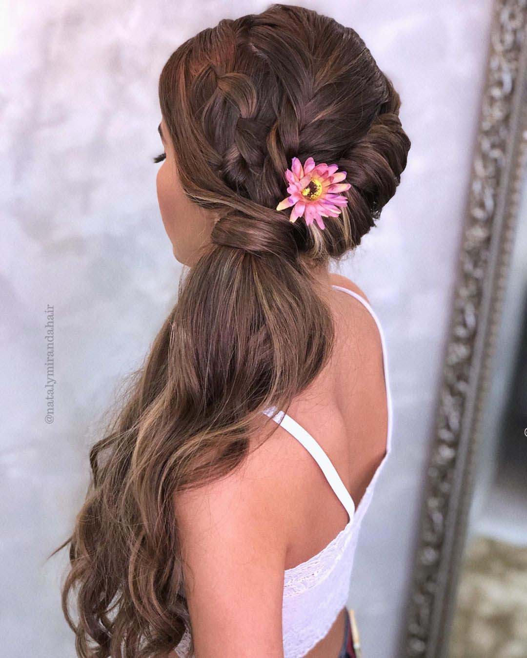 bridesmaid hairstyles side volume ponytail with braid and flower natalymirandahair
