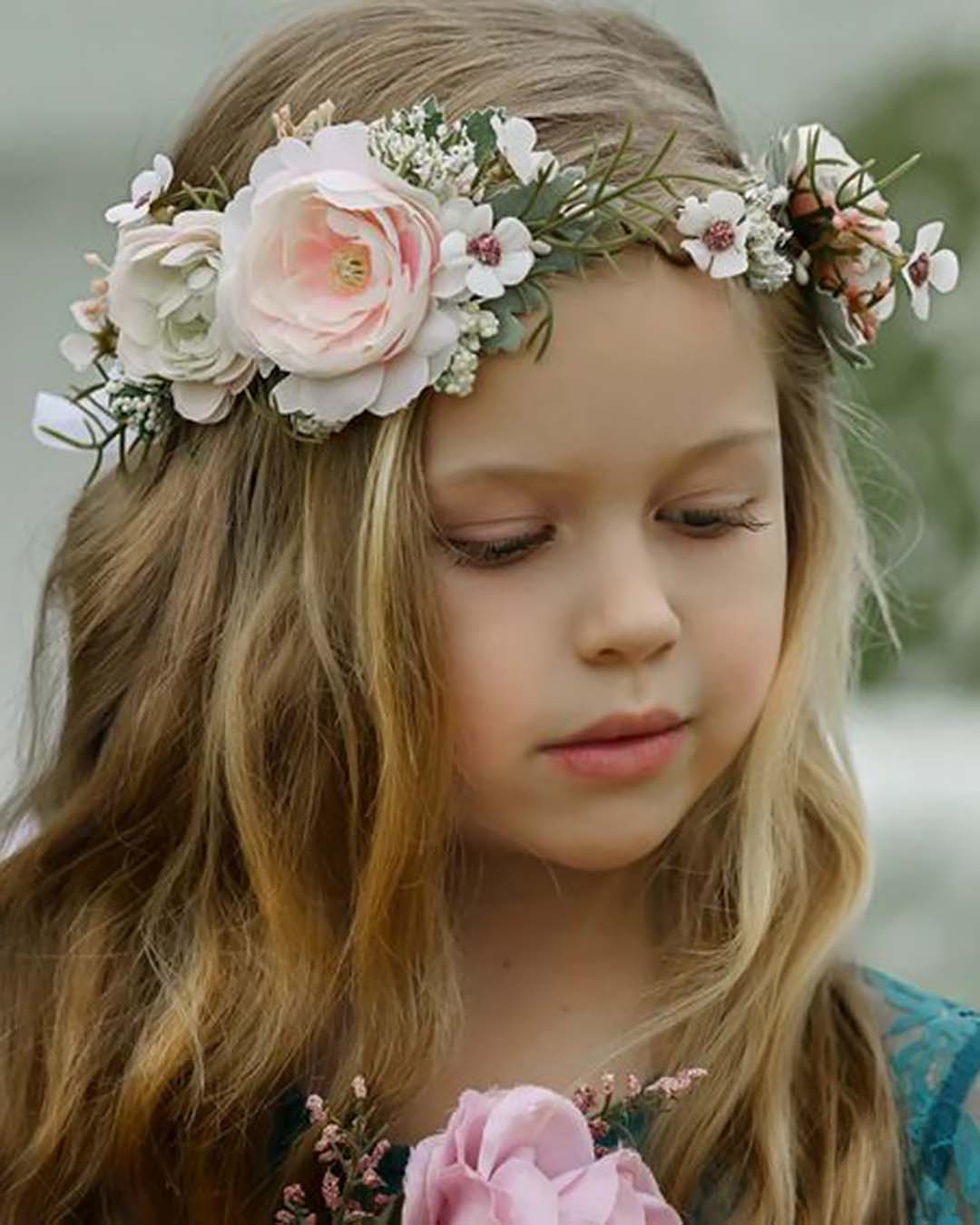 flower girls hair accessories pink rose and greens crown
