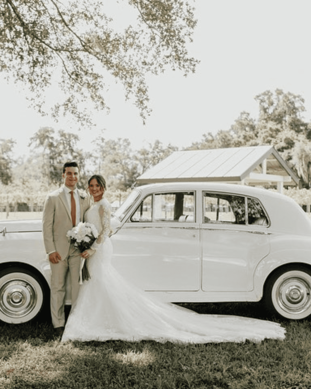 best wedding venues in florida newlyweds near white retro car