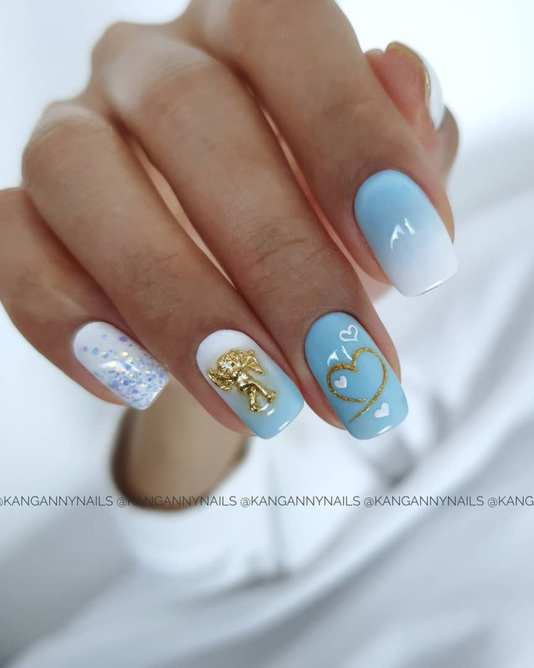 blue wedding nails light gradient with gold glitter kangannynails