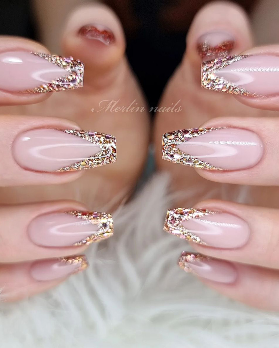 coffin wedding nails pink french with glitter merlin_nails