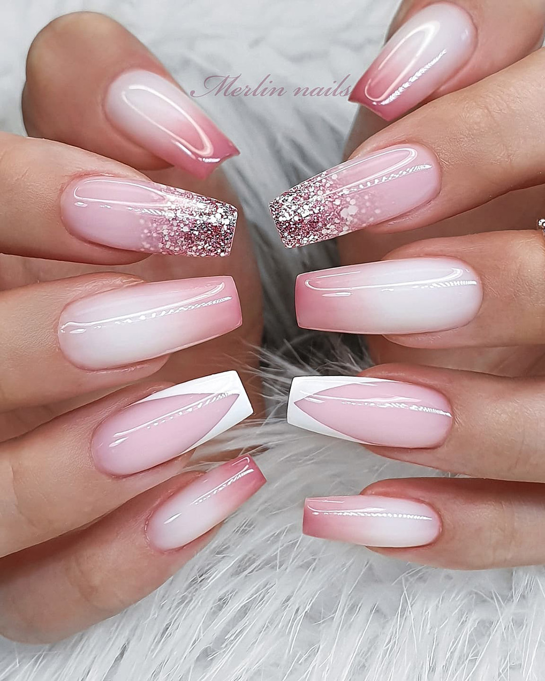 coffin wedding nails pink ombre french on one finger merlin_nails