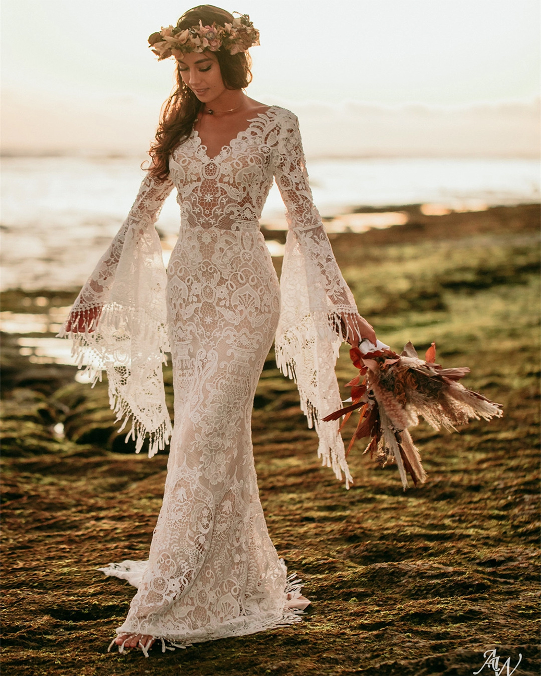 floral wedding dresses sheath with long sleeves lace boho awbridal
