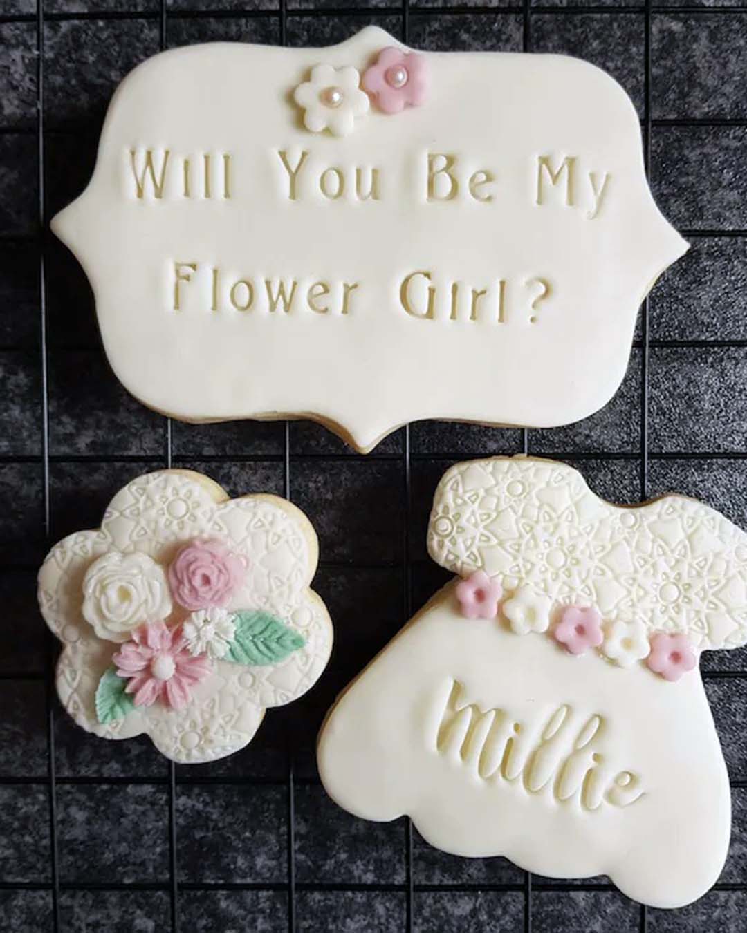 flower girl proposal cookies dress flowers name date