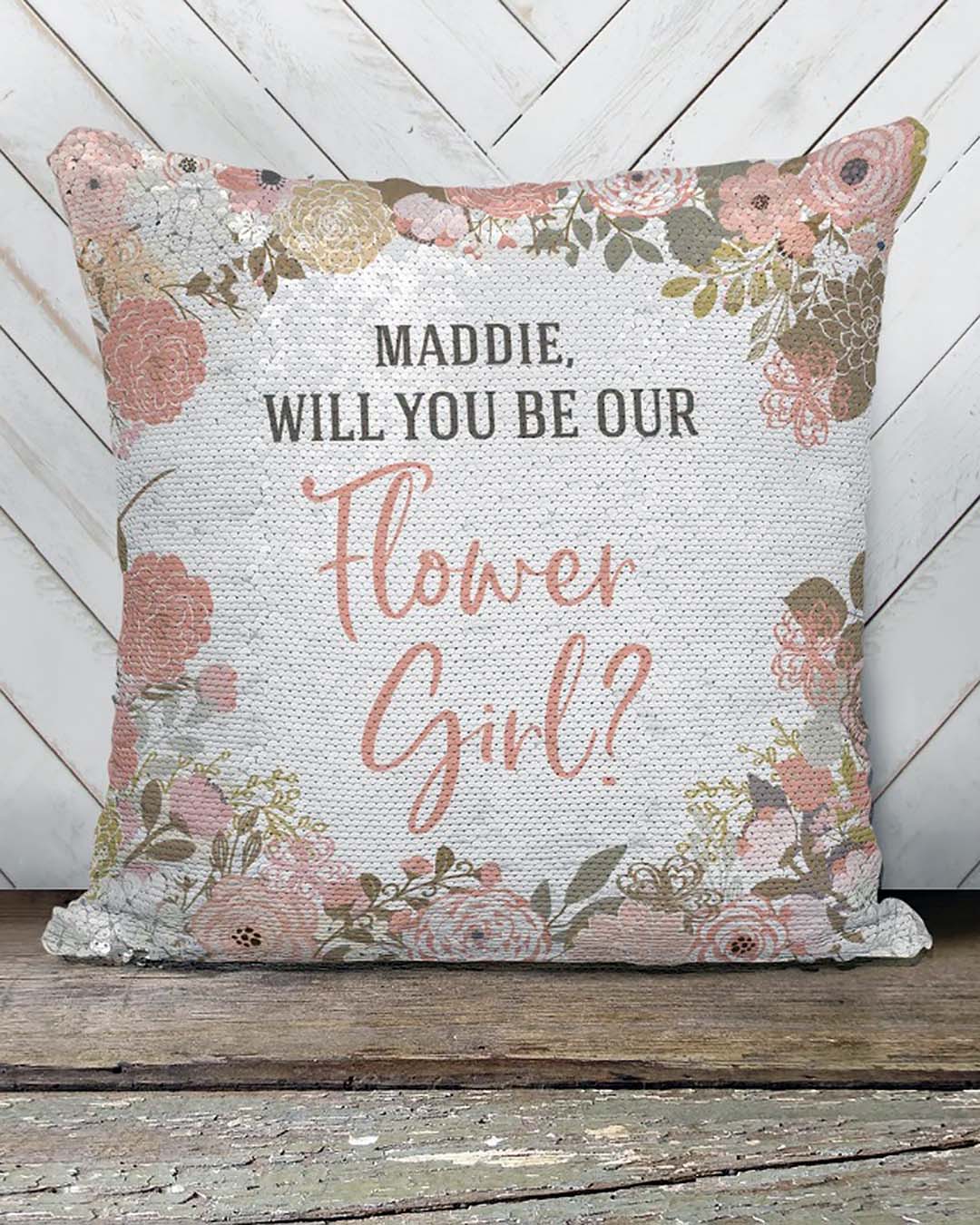 flower girl proposal shimmering pillow with name