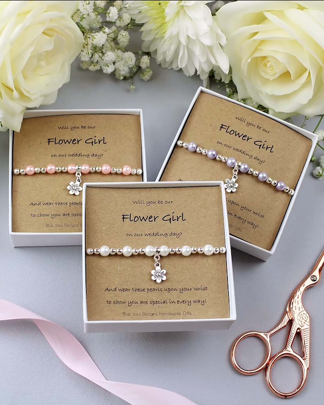 flower girl proposal with elegant bracelet with pearls