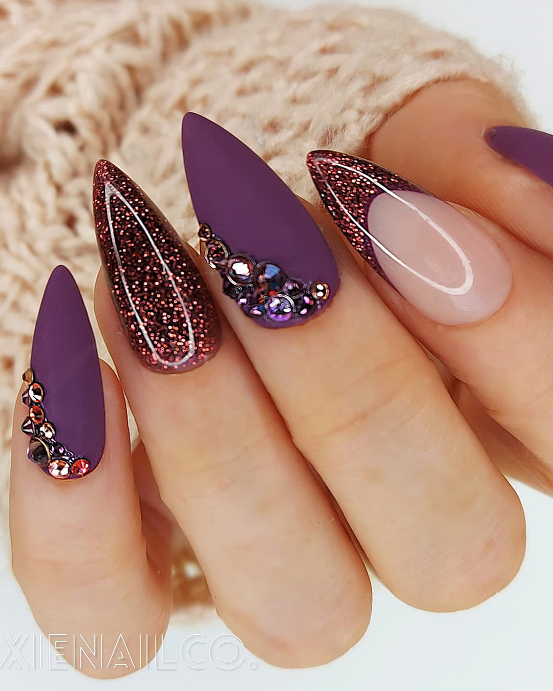 purple wedding nails elegant dark matte and glitter pixienailco