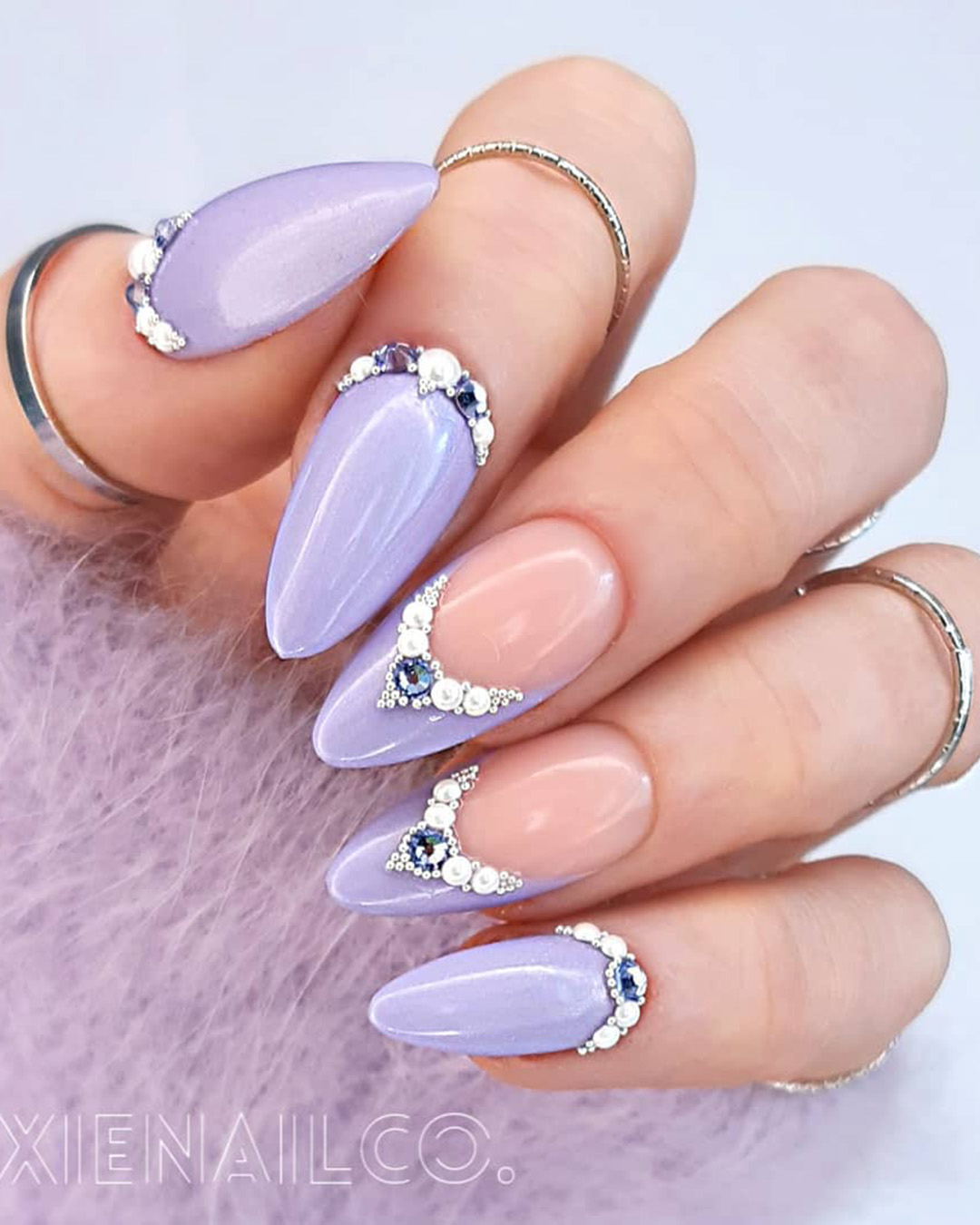 purple wedding nails light french with rhinestones pixienailco