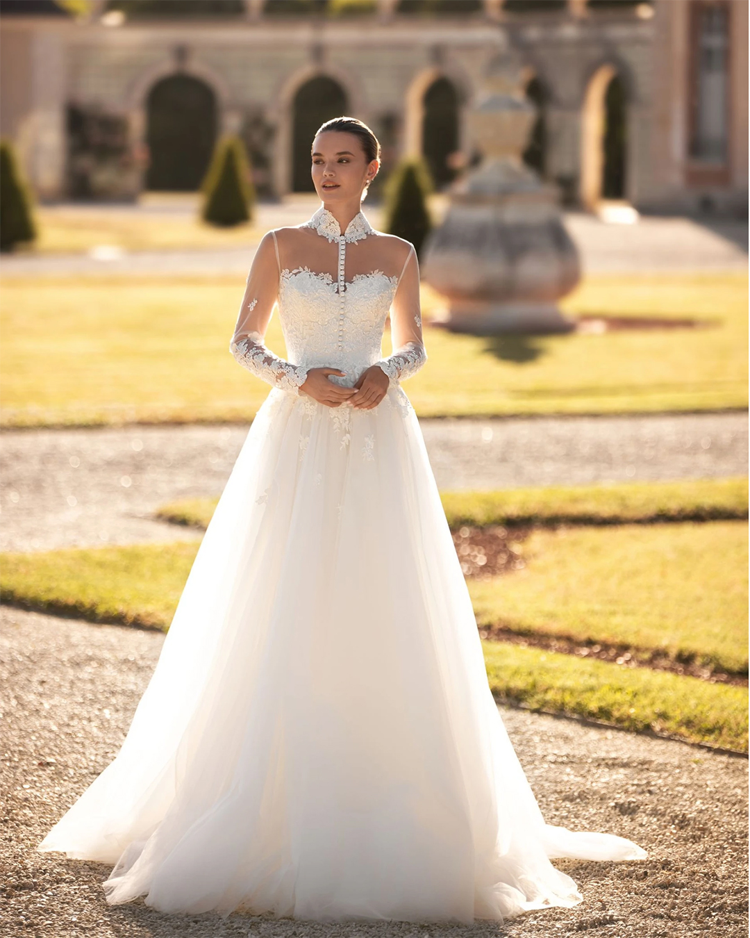 sweetheart neckline wedding dress with illusion long sleeves lace daria karlozi