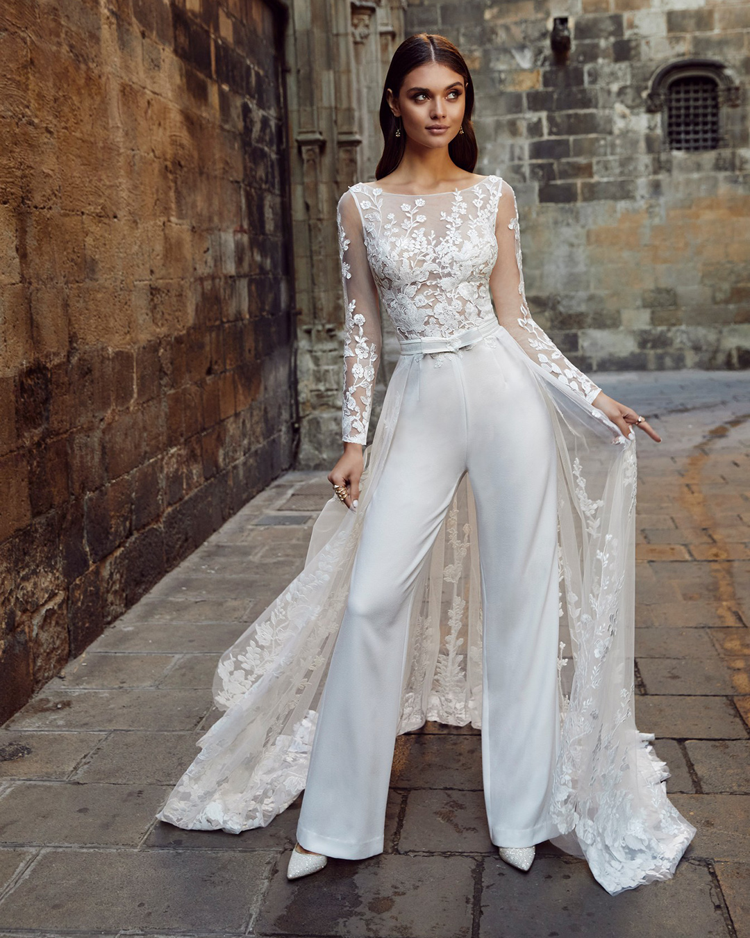 wedding pantsuits lace top with sleeves overskirt ronaldjoyce