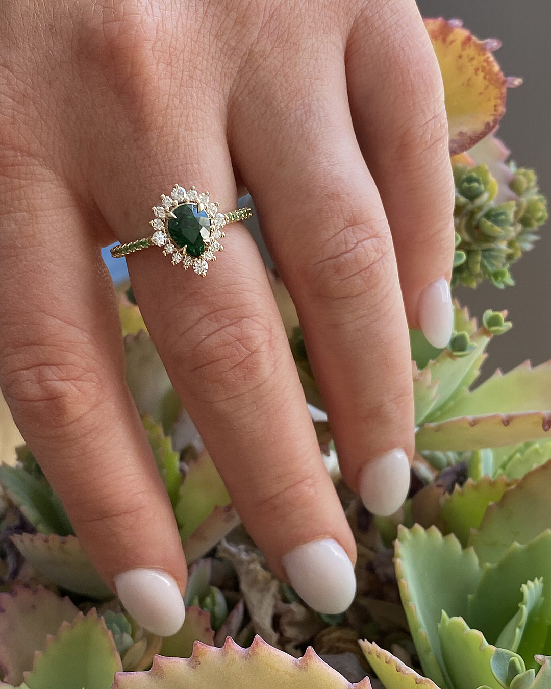 wedding trends tsavorite garnet and diamond engagement ring