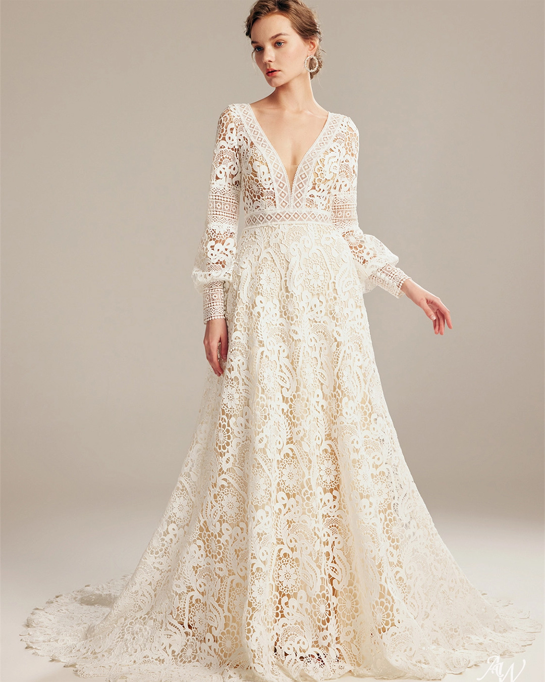 white floral wedding dresses a line with long sleeves boho awbridal