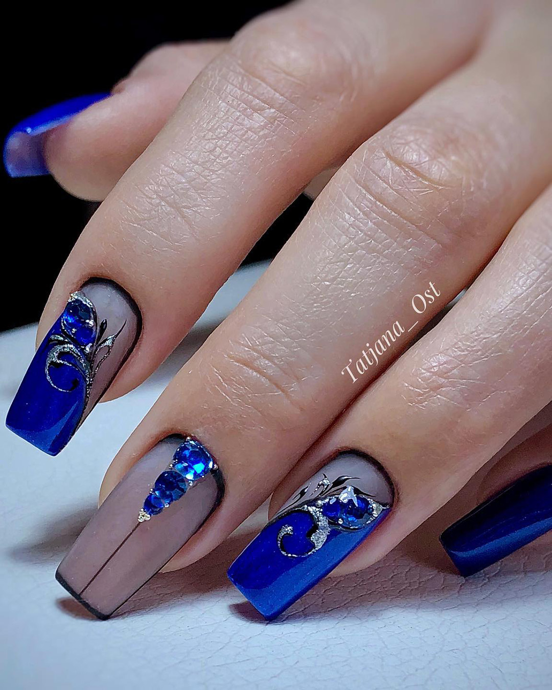 navy blue wedding nails long with black veil and rhinestones tatjana_ost