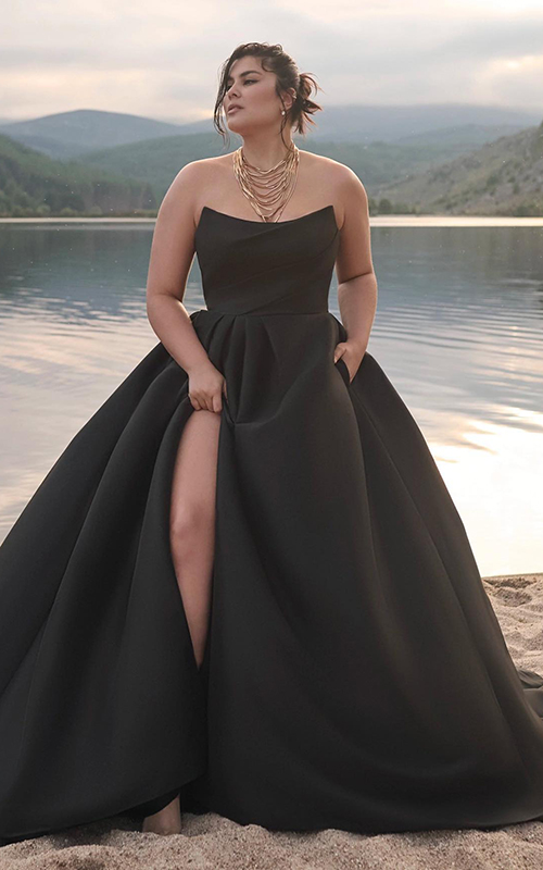 A-line Scalloped Bateau Long Sleeve Illusion Lace Satin Black Wedding -  Princessly