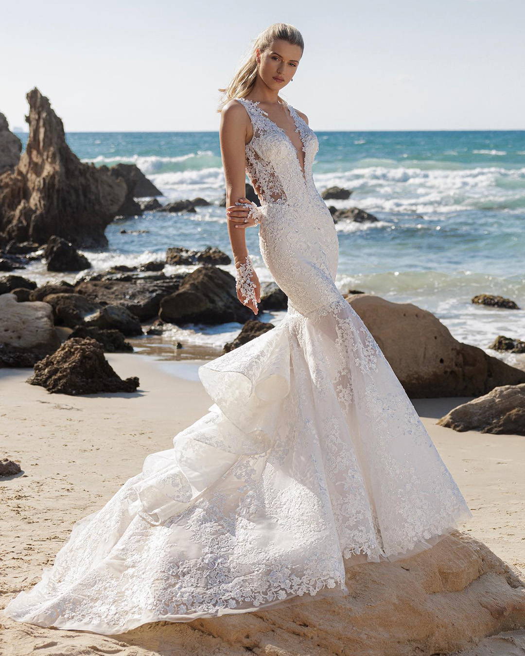 wedding dress designers fit and flare lace sexy beach pnina tornai