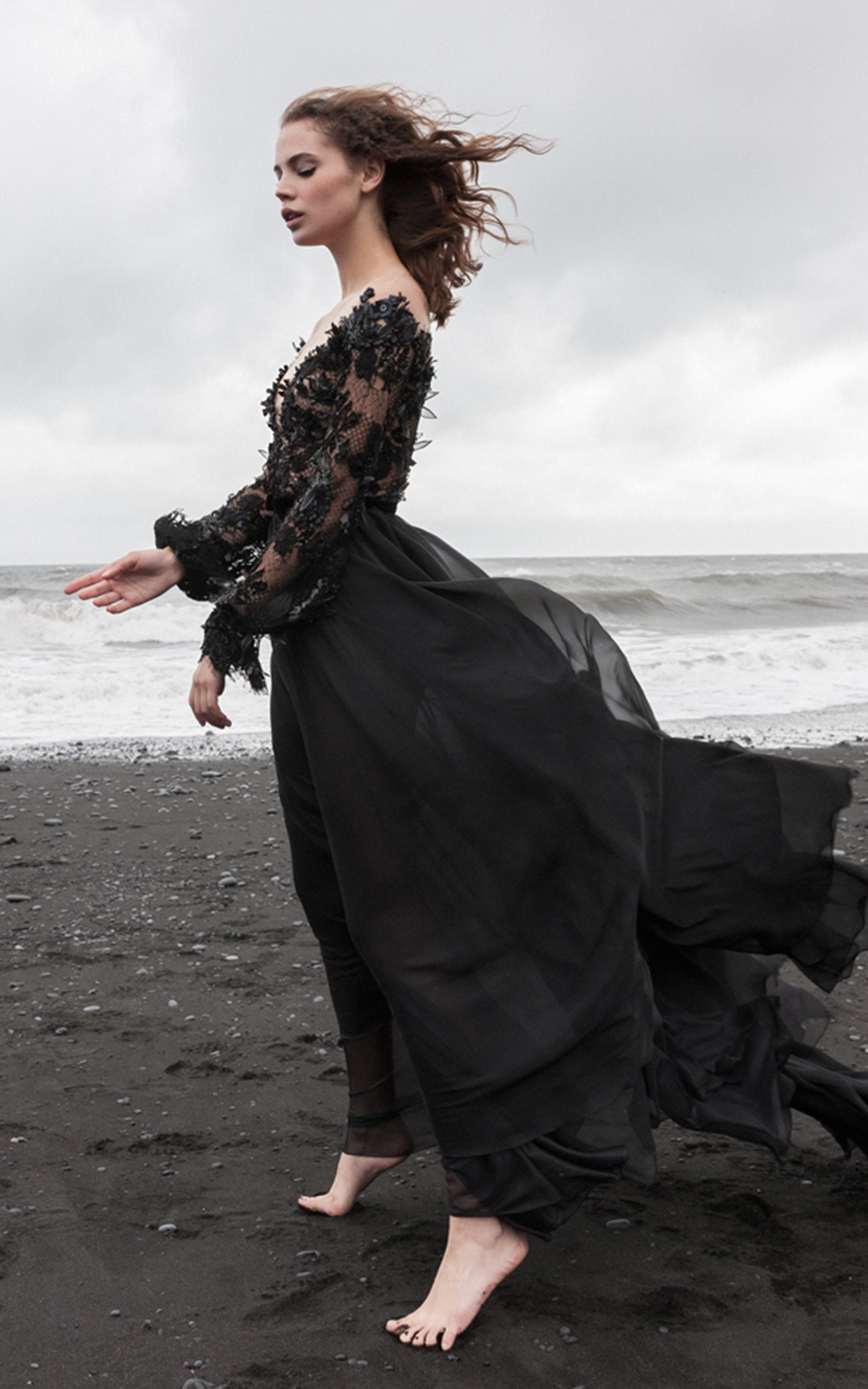 Gown : Black net metallic foil work party wear designer gown